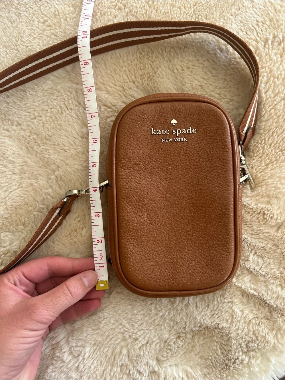 kate spade brown pebbled leather belt bag with striped strap